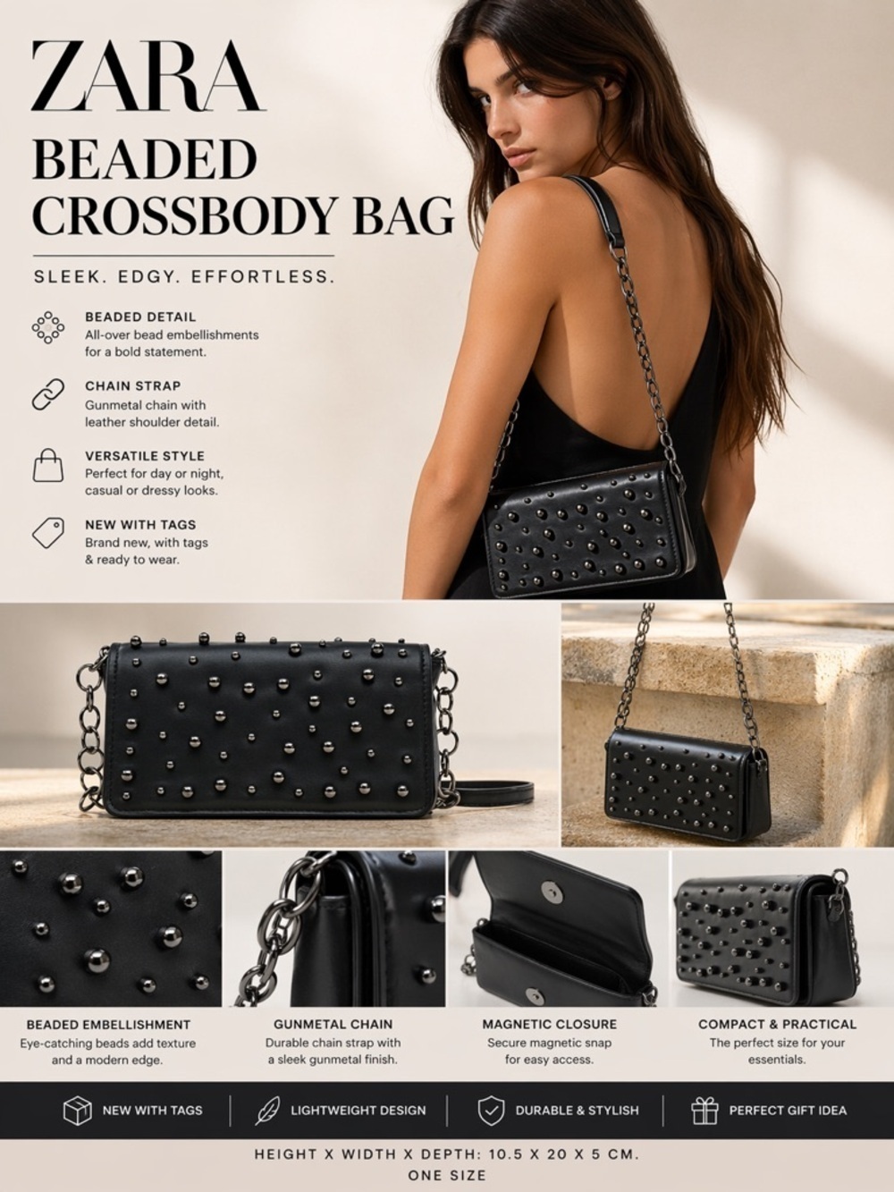 ZARA Black Beaded Crossbody Bag NWT OS Studded Shoulder Bag Evening Purse